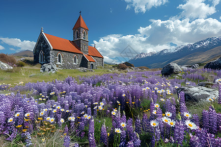 山坡上花海环绕的教堂高清图片