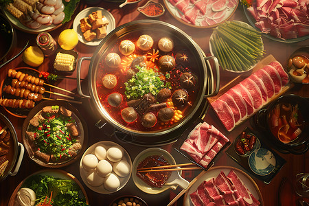 火锅桌子美食盛宴的食物插画