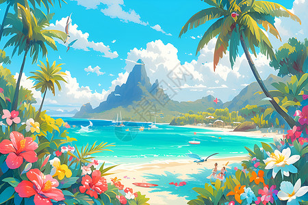 热带海滩的绘画背景图片