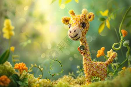 染色毛毡梦幻森林中的长颈鹿插画