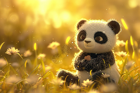 玩具动物花丛中的熊猫玩偶插画