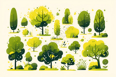 纯色图标绿黄树木与纯色背景插画