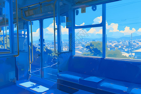 公交车车厢展示的蓝色列车插画