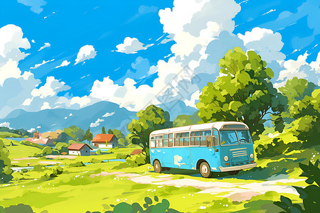 小路上的蓝色巴士背景图片