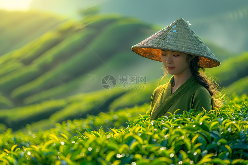 山坡中摘茶的女工图片