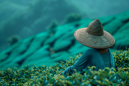 山坡中摘茶的女子高清图片