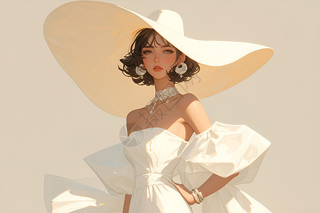 白色裙子戴着白色帽子的女子插画