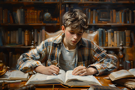 书房内写作业的男孩背景图片