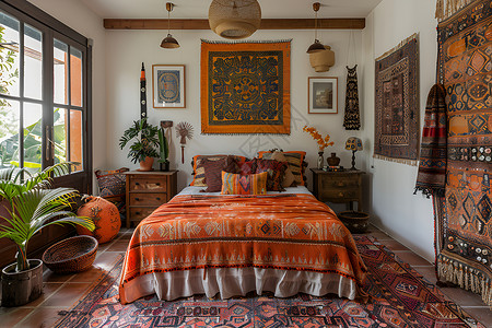 舒适的背景房间内的舒适大床设计图片
