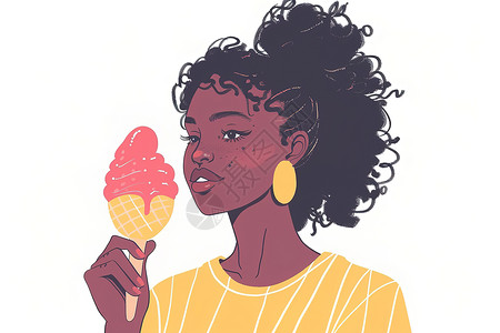 吃冰淇淋的甜美女性夏天吃冰淇淋的女子插画