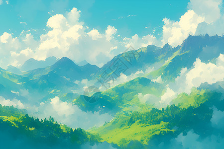 青山蓝天云雾缭绕的山脉插画