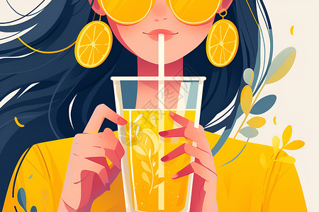 喝柠檬水柠檬女孩喝柠檬水插画