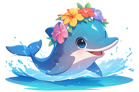 蓝色海豚戴花冠在水中游动高清图片