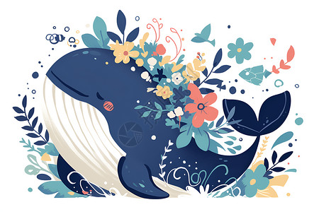 鲸鱼卡通花冠鲸鱼在海里玩耍插画