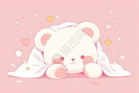 气玩偶粉色小熊裹着毯子插画