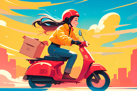 摩托配件骑着摩托车送货的女人插画