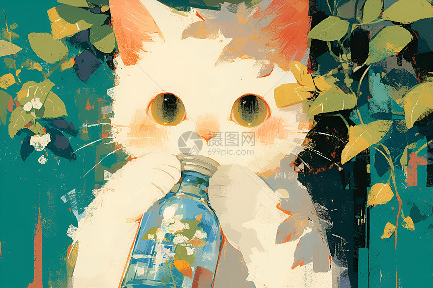 可爱白猫手握水瓶图片