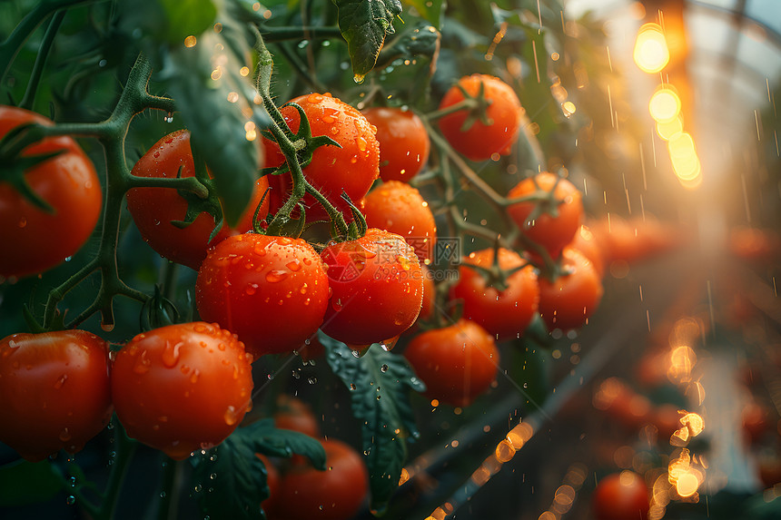 温室番茄上的水滴图片