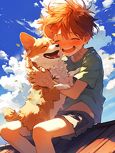 柔软的宠物屋男孩与柯基在屋顶上插画