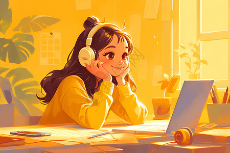 女孩使用电脑戴着耳机使用电脑的女孩插画