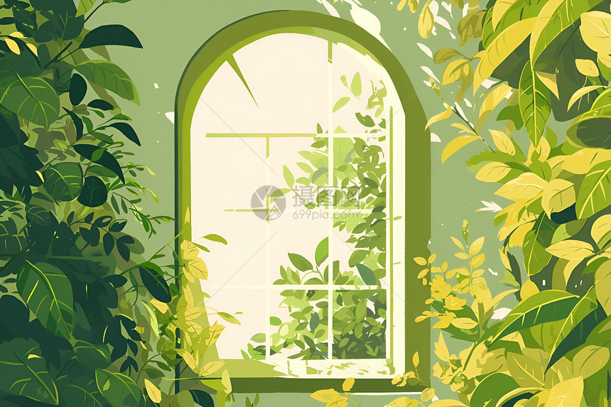 绿色植物间的窗户图片