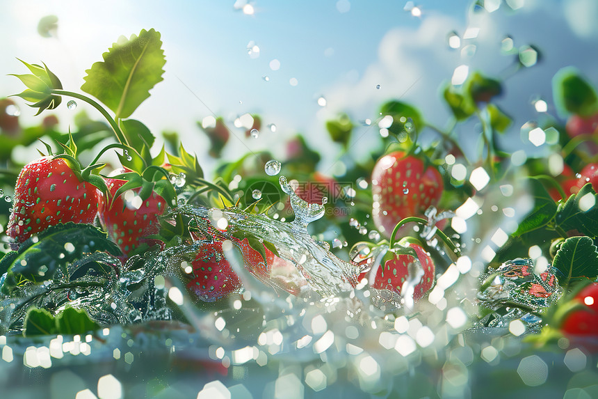 草莓在水中漂浮图片