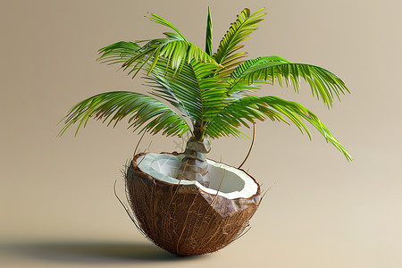 椰子树在椰子壳中背景图片