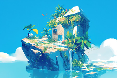 海岛岩石上的房子背景图片