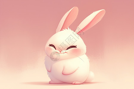 白粉色背景白兔子坐在粉色地板上插画