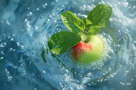 漂浮绿叶水中漂浮的苹果背景