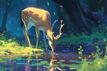 喝水的动物小鹿在河边喝水插画