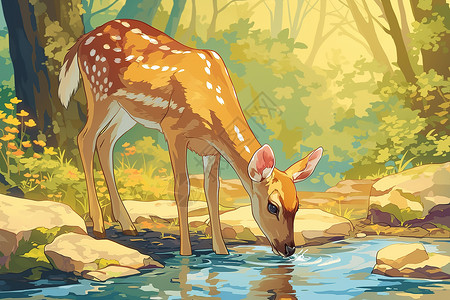 森林喝水的鹿高清图片