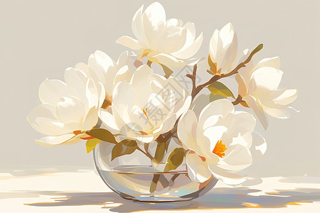 广玉兰花白花盛开的花瓶插画