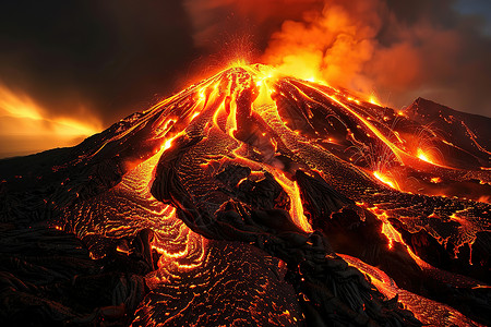 熔岩背景喷发熔岩的火山插画