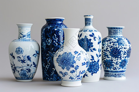 青花瓷盖碗一组蓝白花瓶背景