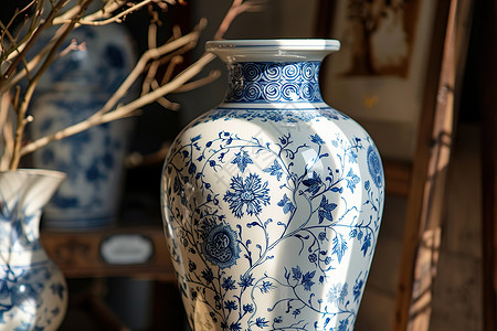 白木桌优雅的蓝白花瓶背景