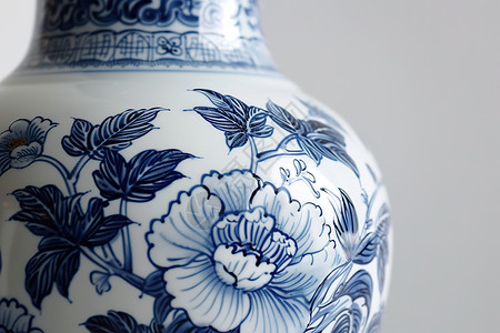 白木桌花瓶上的蓝白青花背景