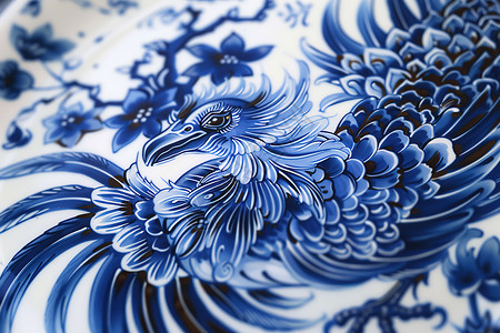 圆形青花瓷花纹瓷器上的凤凰插画