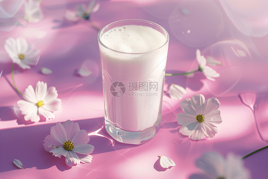 鲜花间一杯牛奶图片