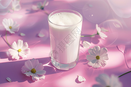 降暑饮品鲜花间一杯牛奶背景