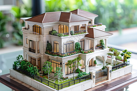 屋顶有很多植物和窗户的房屋模型高清图片