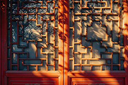 中式木门上的树影高清图片