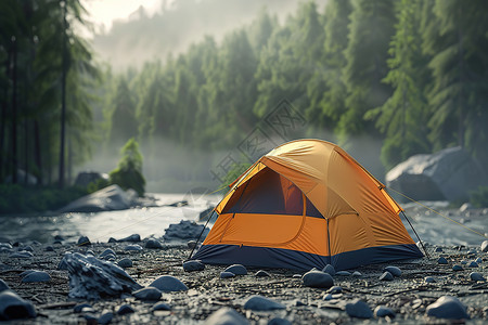 山林之间河边的帐篷背景