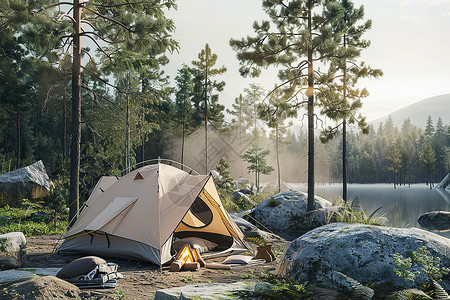 蓝天草地素材树林里的帐篷背景