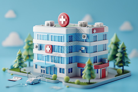 俯视楼房医院上的红色十字插画