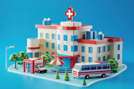 建筑模型素材迷你医院模型插画