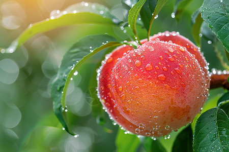 水蜜桃手绘雨中的桃子背景