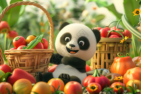 竹篮里的水果熊猫坐在蔬果田里插画