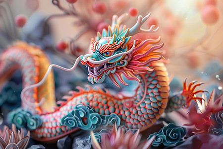 中餐厅模型彩色龙形雕塑插画