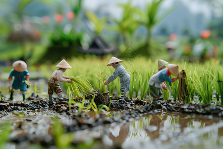 水稻种植水田里劳作的农民设计图片